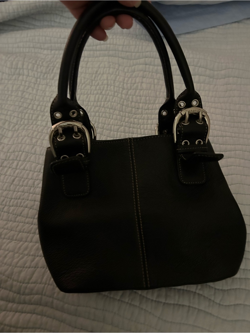 Tignanello Black Leather Shoulder Bag with Silver Buckle Accents